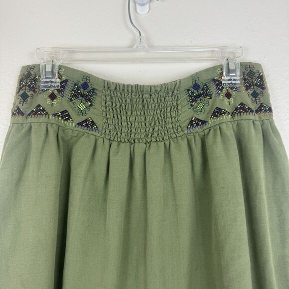 Anthropologie Maeve Embroidered Linen Cotton Button Front Smocked Skirt Green 6 - Picture 12 of 16